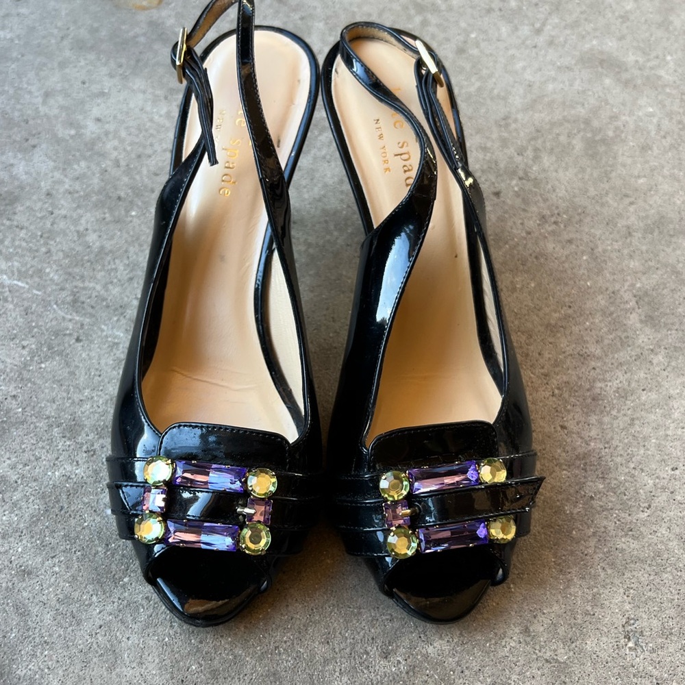Kate Spade Women’s Sz 7 Heels Shoes Black Green Purple Crystal Stones Italy